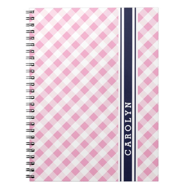 Carnet chic preppy rose marine en vichy motif monogramme (Devant)