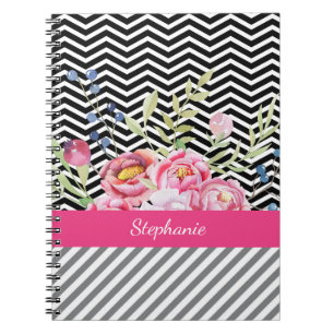 Carnet Chic rose floral noir et blanc Chevrons et nom