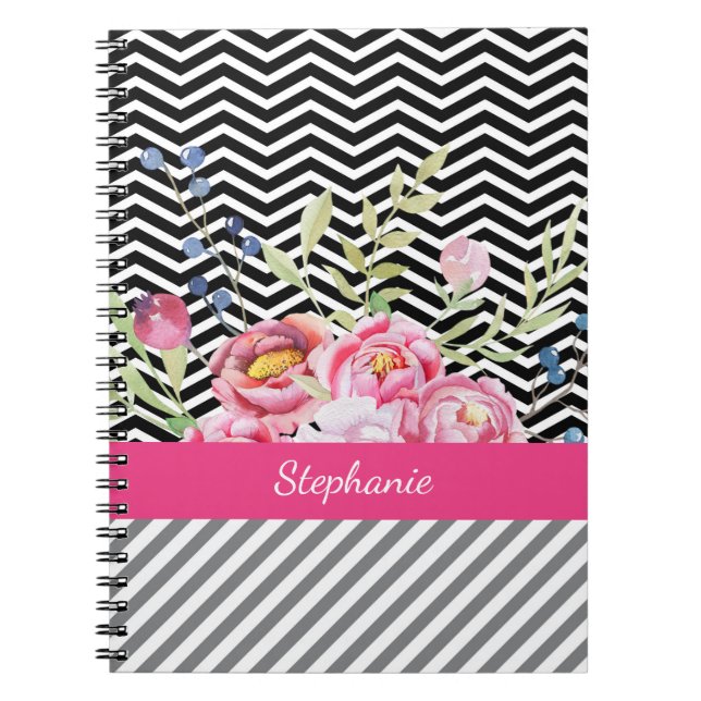 Carnet Chic rose floral noir et blanc Chevrons et nom (Devant)