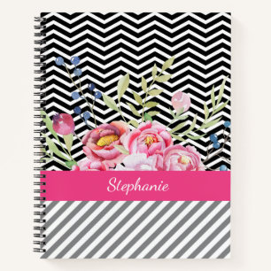 Carnet Chic rose floral noir et blanc Chevrons et nom