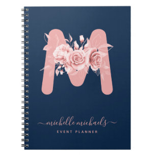 Carnet Chic Rose Gold Navy Floral Aquarelle Monogramme