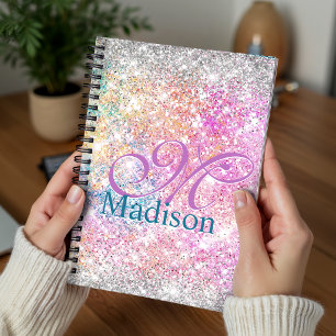 Carnet Chic rose iridescent argent faux paillettes monogr