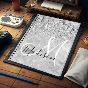 Carnet Chic silver ombre glitter drips monogram