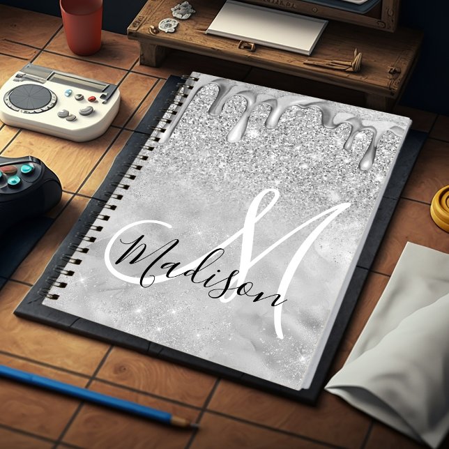 Carnet Chic silver ombre glitter drips monogram (Créateur téléchargé)
