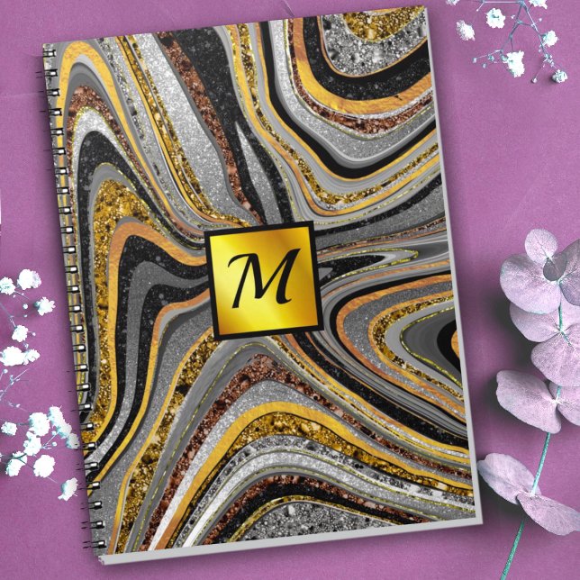 Carnet Chic Sparkle Glitter marble art grey gold monogram (Créateur téléchargé)