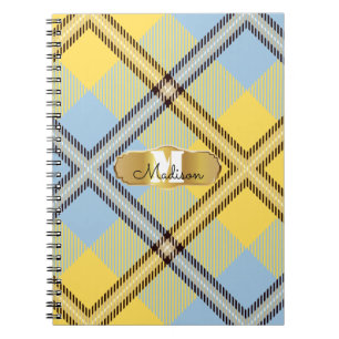 Carnet Chic Tartan Bleu Jaune Monogramme Nom Script