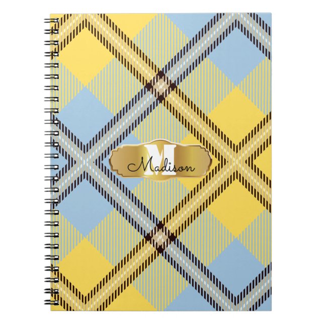 Carnet Chic Tartan Bleu Jaune Monogramme Nom Script  (Devant)