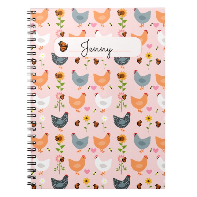Carnet Chickens in the Flowers Pink Personalized Notebook (Devant)