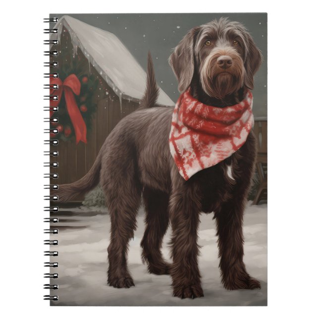 Carnet Chien à poil dur pointant dans Noël enneigé (Devant)