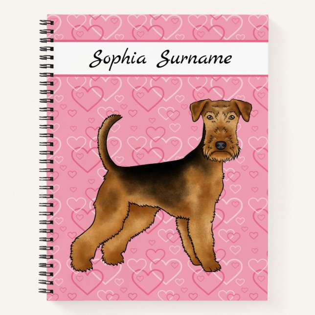 Carnet Chien Airedale Terrier avec des cœurs roses et du  (Devant)