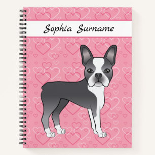 Carnet Chien Boston Terrier bleu sur cœurs roses et texte