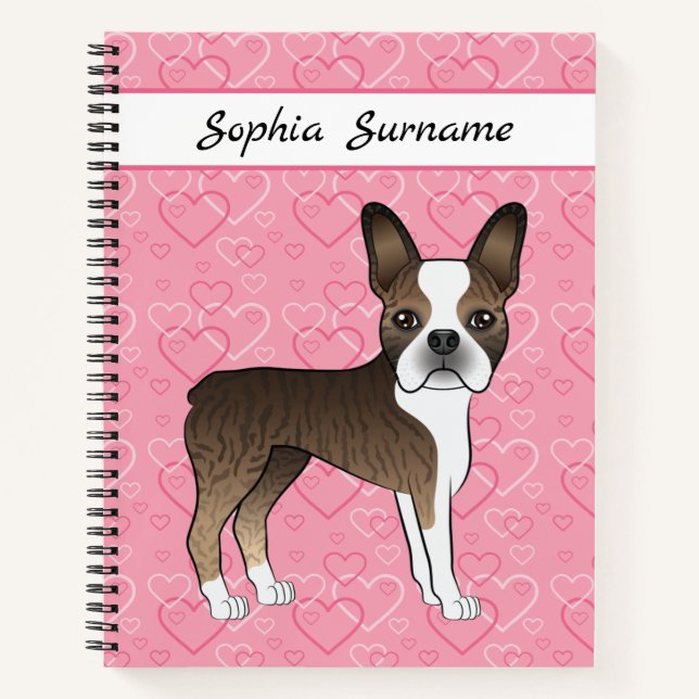Carnet Chien Boston Terrier Bringé sur cœurs roses et tex (Devant)