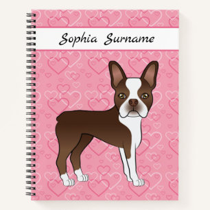 Carnet Chien Boston Terrier Brun Sur Cœurs Roses Et Texte