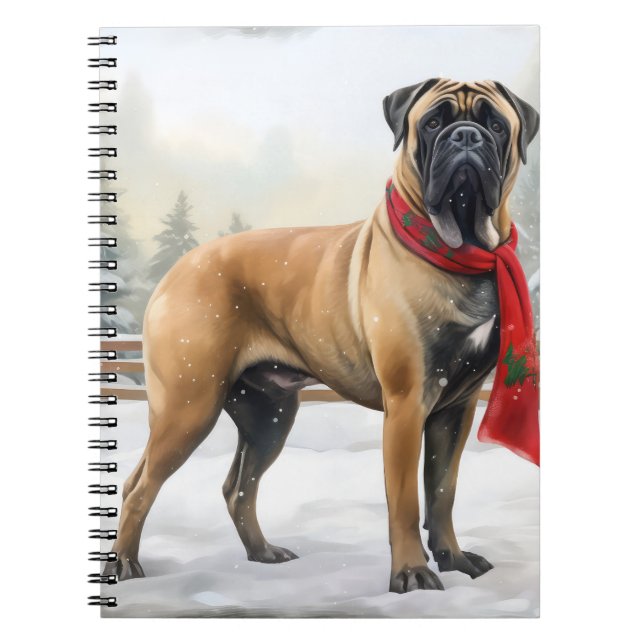 Carnet Chien Bouledogue Mastiff dans la neige de Noël (Devant)