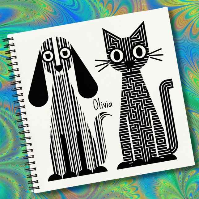 Carnet Chien & Chat, Rayures & Motif Labyrinthe, Drôle, P (Créateur téléchargé)
