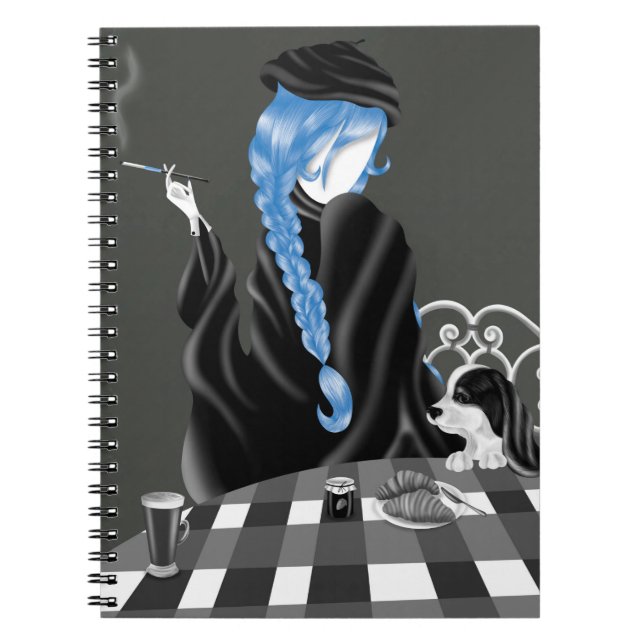 Carnet Chien & Dame dans un café français Bleu (Devant)
