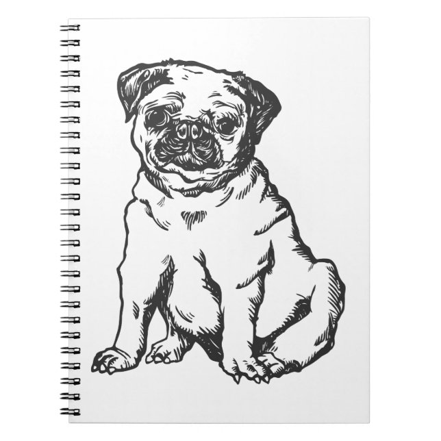 Carnet Chien de carlin, illustration en noir et blanc (Devant)