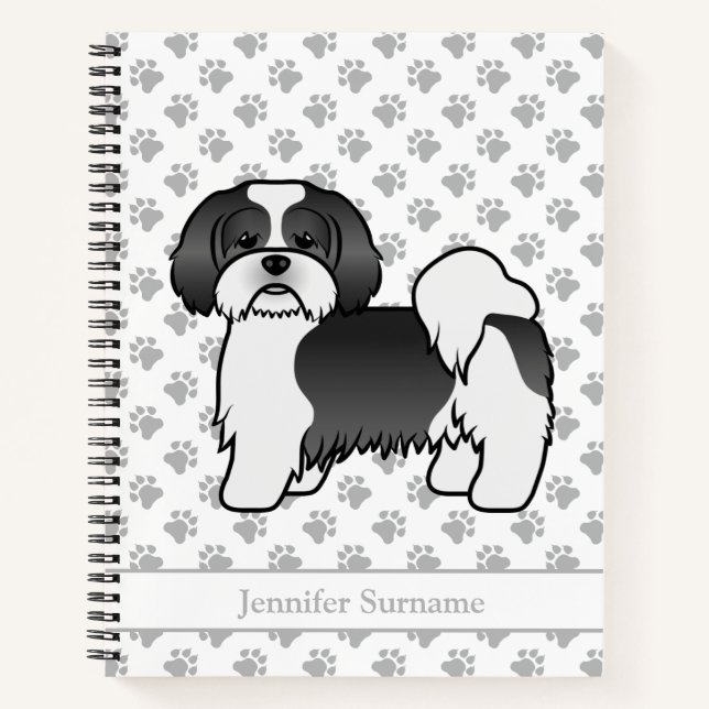 Carnet Chien de dessin animé Lhassa Apso noir et blanc &  (Devant)
