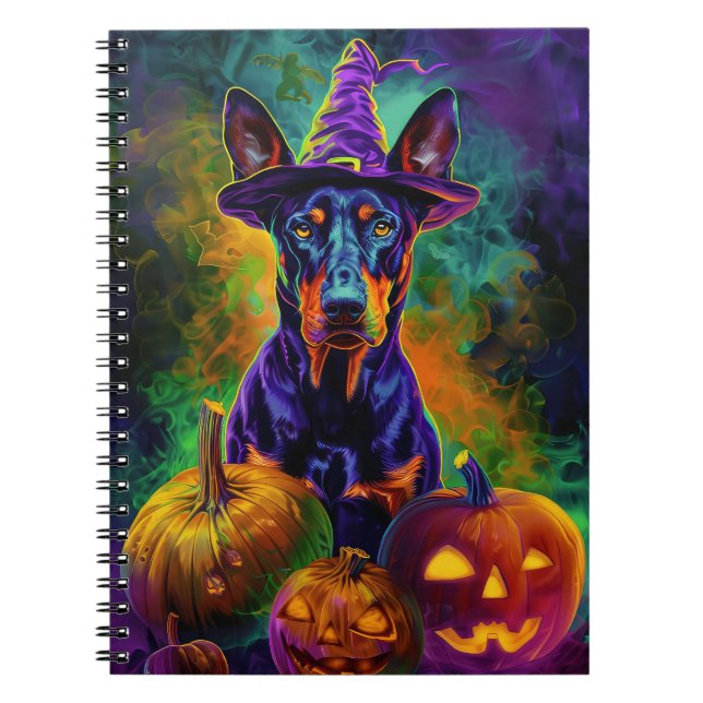 Carnet Chien Dobermann Effrayant Sorcière d'Halloween et  (Devant)