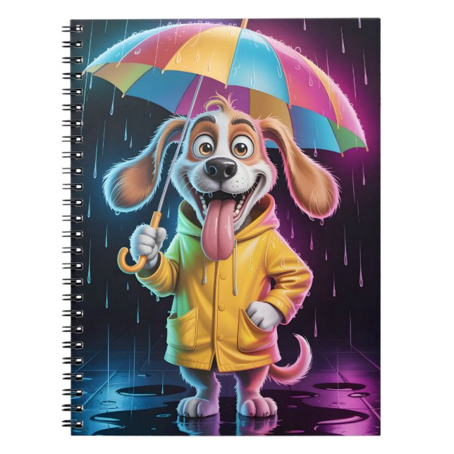 Carnet Chien en imperméable jaune avec parapluie arc-en-c (Devant)
