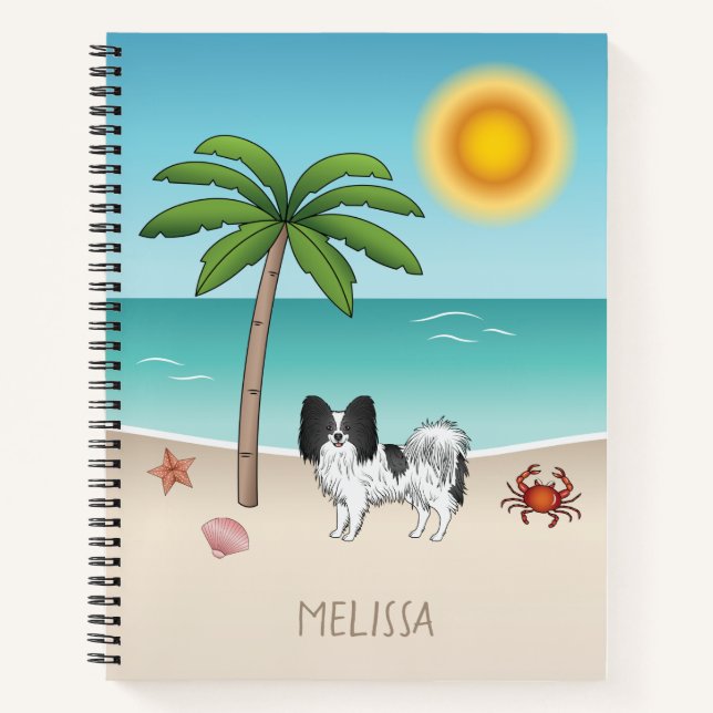 Carnet Chien Papillon Noir Et Blanc Plage Été Tropicale (Devant)