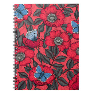 Carnet Chien rose et papillons en rouge et bleu