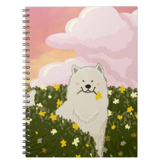 Carnet Chien Samoyède mignon dans un champ de fleurs jaun