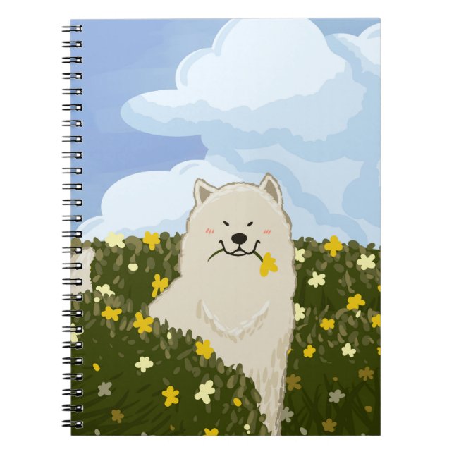 Carnet Chien Samoyède mignon dans un champ de fleurs jaun (Devant)