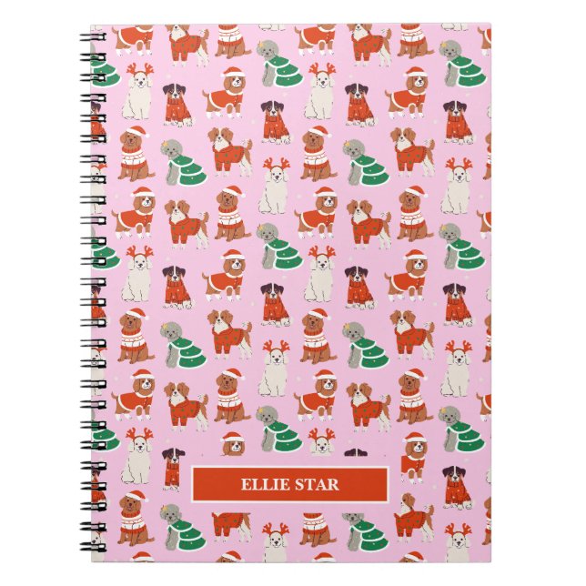 Carnet Chiens de Noël roses fille personnalisés (Devant)