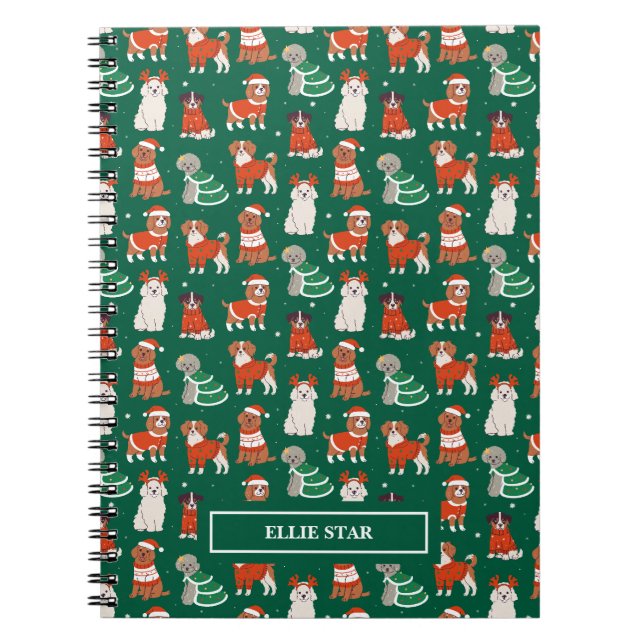 Carnet Chiens de Noël verts mignons Personnalisés (Devant)
