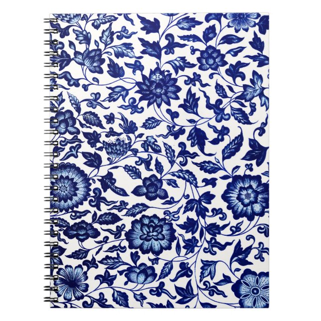 Carnet Chinois bleu marine foncé motif floral sur blanc (Devant)