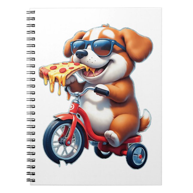Carnet chiot à vélo mangeant de la pizza (Devant)