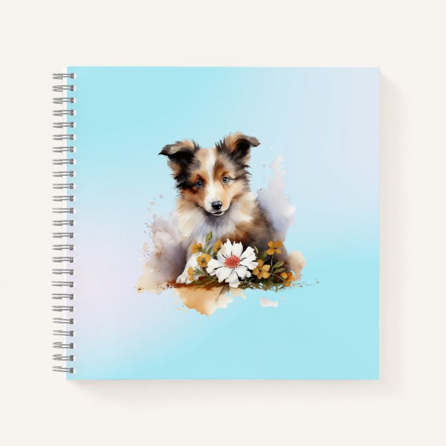 Carnet Chiot de berger des Shetland animal aquarelle fleu (Devant)