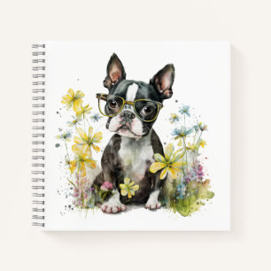 Carnet Chiot de Boston Terrier avec lunettes en Fleur sau