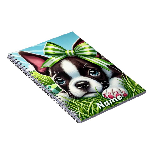 Carnet Chiot de Boston Terrier personnalisé avec Bow vert (Côté Droit)