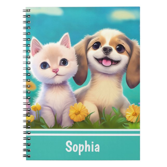 Carnet Chiot et chaton mignon Nom des enfants personnalis (Devant)