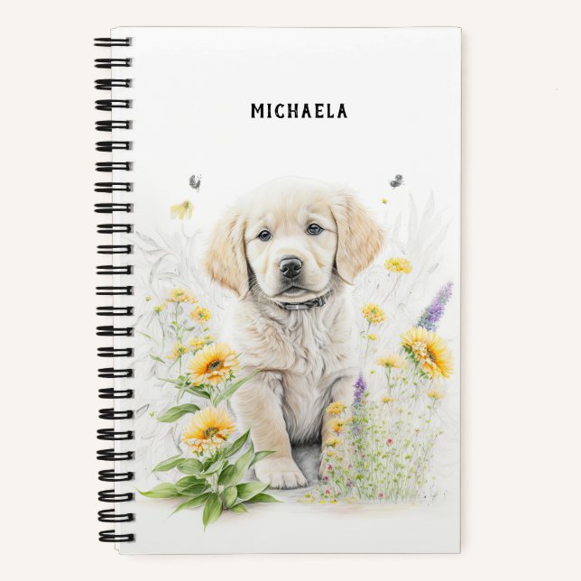 Carnet Chiot Golden Retriever Florales Monogramme Nom (Recto)