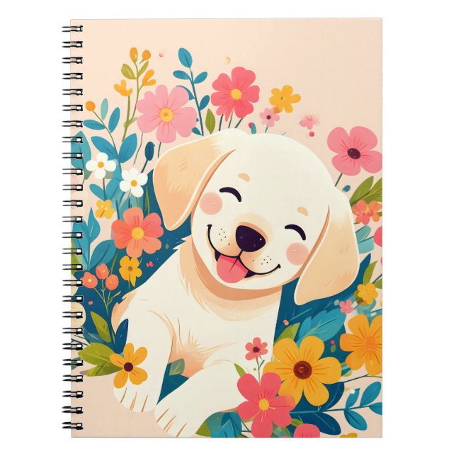 Carnet chiot labrador jaune au milieu des fleurs (Devant)