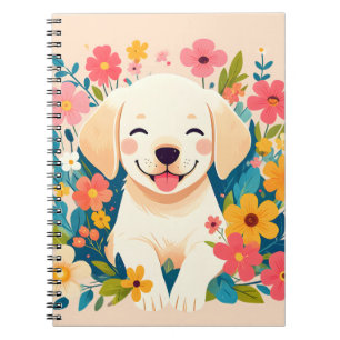 Carnet chiot labrador jaune au milieu des fleurs
