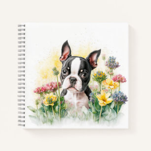 Carnet Chiots Boston Terrier Entourés de Fleurs Sauvages