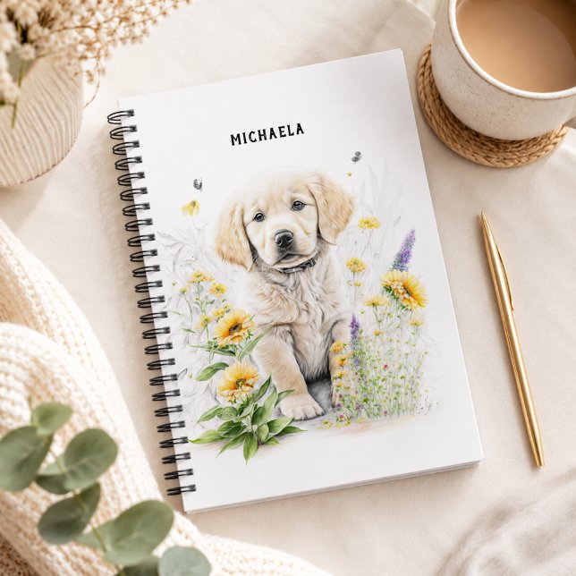 Carnet Chiots Golden Retriever Floral Monogramme Nom (Add name to customize, matching items available)