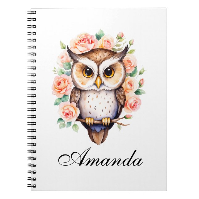 Carnet Chouette aquarelle mignonne et roses feuillues (Devant)