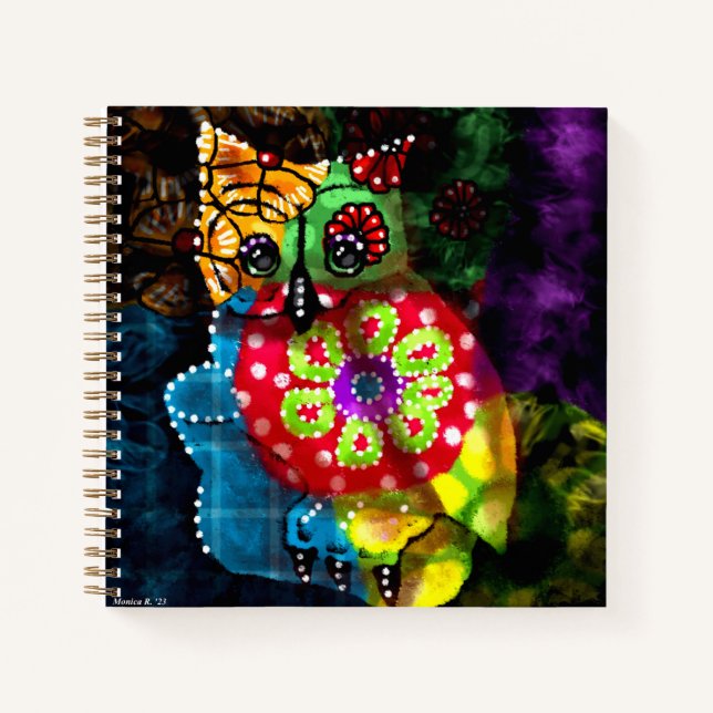 Carnet Chouette blanche Talavera Style Vert Rouge Bleu Fl (Devant)
