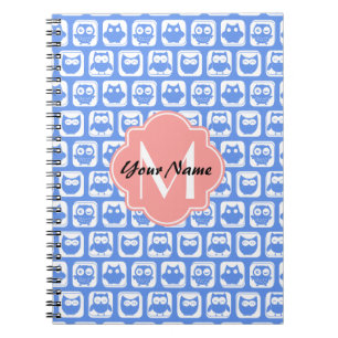 Carnet Chouette bleue Motif Corail Monogramme Nom personn
