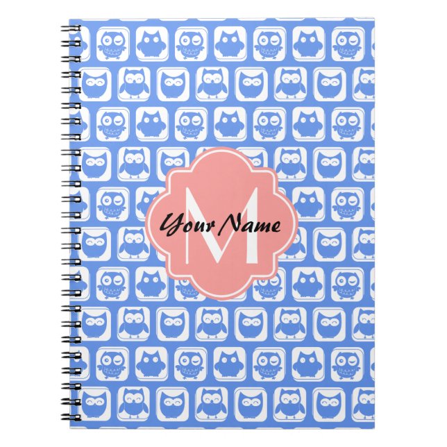 Carnet Chouette bleue Motif Corail Monogramme Nom personn (Devant)