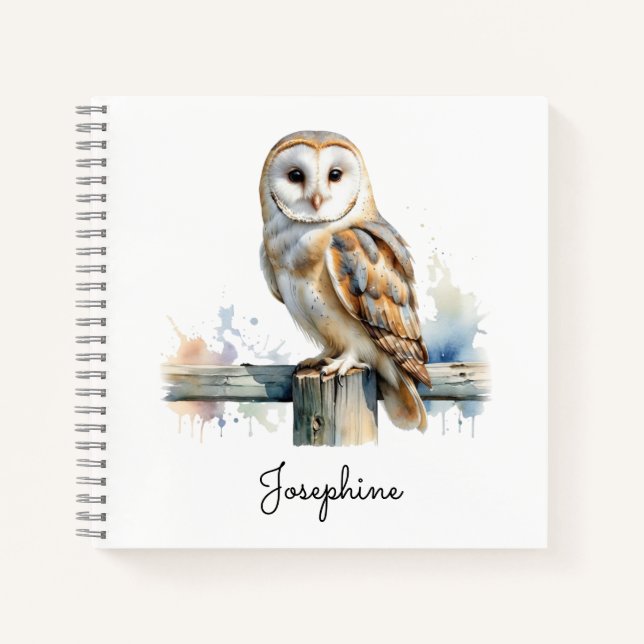 Carnet Chouette effraie à l'aquarelle faune rustique pers (Devant)