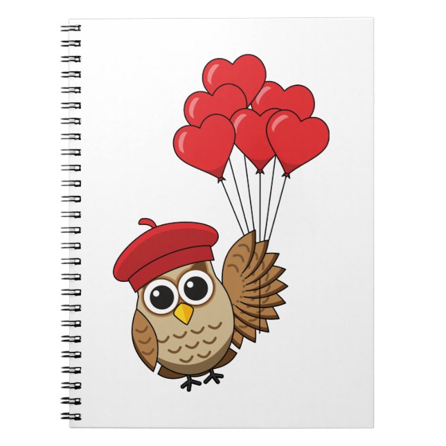 Carnet Chouette mignonne volant avec des ballons de coeur (Devant)