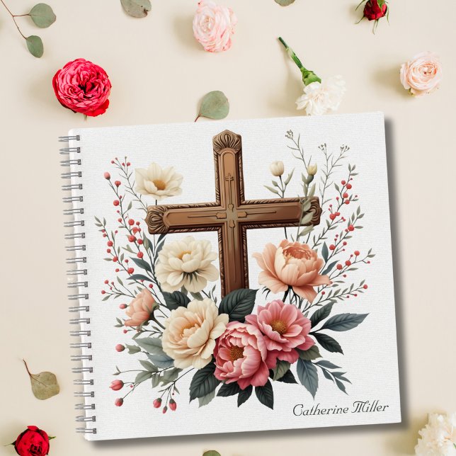 Carnet chrétien avec croix florale (Elegant Floral Catholic Cross Personalized Notebook)