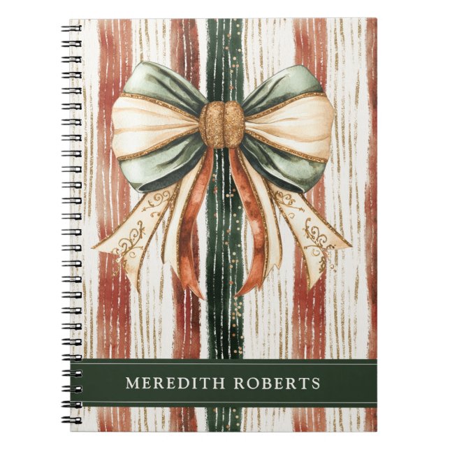 Carnet Christmas Bow Rustic Stripes Personalized (Devant)