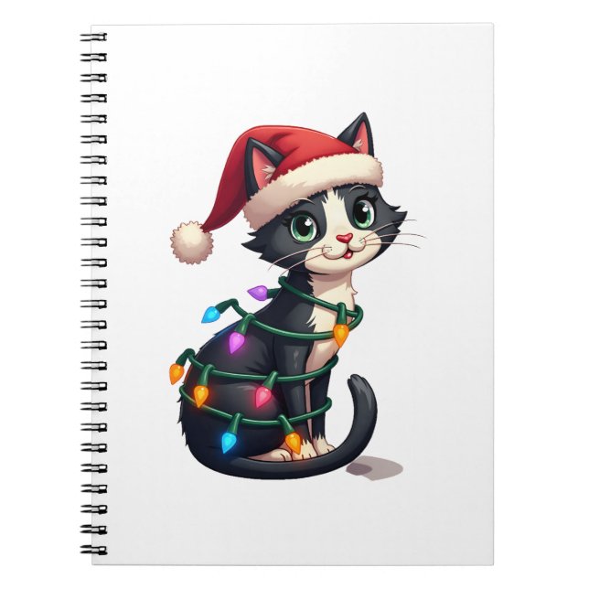 Carnet Christmas Cat Tuxedo black cat xmas lights kitty c (Devant)